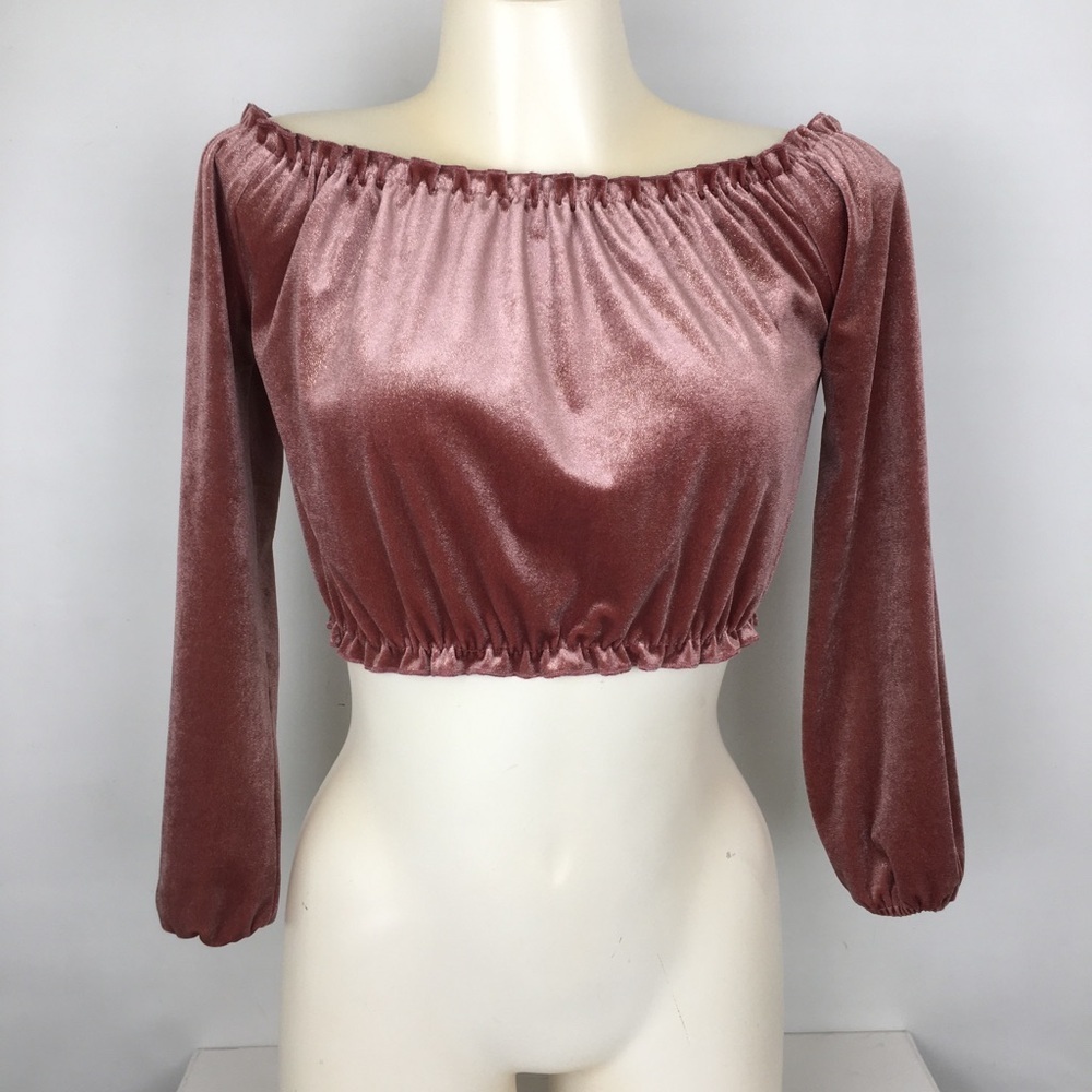 New Look Velvet Off-the-Shoulder Pink Crop Top Gold Threading Sz 4 Croquette